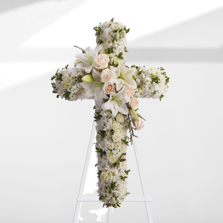 Copribara a forma di croce con fiori rose rosse bianche - immagine 1